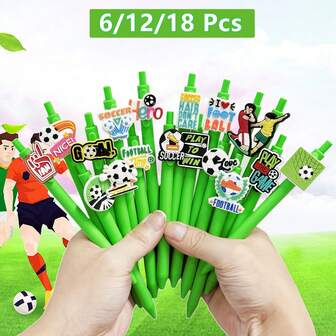 6/12/18pcs Football Sports Series Ballpoint Pens, Creative Football Theme, Black Ink, Desk Accessories, Essential Writing Tool, Christmas Gift For Colleagues, Students, Football Fans, Creative Design, Football Theme Pen, Plastic Pen, Retractable Mechanism, Retractable Pen, Sports Enthusiasts, Student Gift
