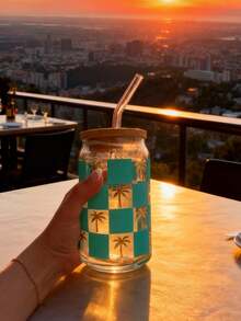 1pc/Set Coconut Tree Checkered Coffee Matcha Glass Straw Cup, Jar-Shaped Sparkling Water/Soda Glass Straw Cup, 16oz Glass Straw Cup With Straw, Best Gift For Friends - Multicolor - View 5