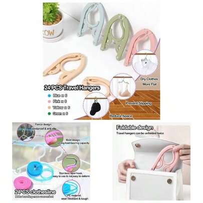 24PCS Travel Hangers, Portable Folding Clothes Hangers, Clothes Hangers With Clotheslines, Foldable Clothes Drying Rack Travel, Plastic Foldable Non Slip Clothing Hangers