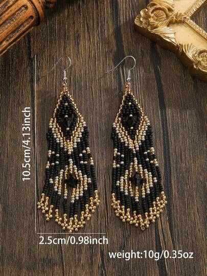 1 Pair Vintage Bohemian Beaded Earrings, Native Style, Geometric Diamond Stitching Pattern, Ombre Gradient Long Tassel, Artificial Crystal Decor, Hollow Design, Glass Seed Bead Handwoven Tassel Pendant Earrings, Low-Allergy Copper Earrings, Elegant & Fashionable Accessory, Suitable For Women's Vacation, Party, Banquet, Casual Daily Wear, Versatile, Great Gift For Daily, Party And Evening Dress