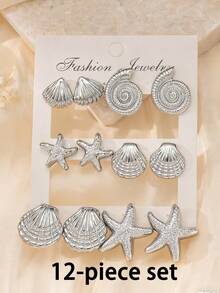 2-12pcs Silver Starfish, Shell Earrings Set, Suitable For Summer Travel And Vacation Wear - Silver - View 4