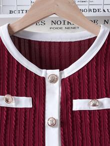 Girls' High-End Colorblock Long Sleeve Knit Cardigan With Ruffle Lace Trim & Bow Decor Maxi Skirt 2-Piece Set - Burgundy - View 3