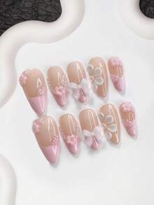 10pcs Handmade Pearl French Manicure Set, Pink Press-On Nail Stickers, Medium Almond-Shaped Nail Stickers, Square Nails, Duck Billed Nails, Elegant Nails, 3D Handmade Floral False Nails Decorated With Pink 5-Petal Flowers, Includes Tool Kit (1 Jelly Sticker + 1 Nail File), Suitable For Women And Girls, Weddings, Parties, Autumn/Winter Daily Wear Nail Supplies Handmade Press On Nails - Multicolor - View 14