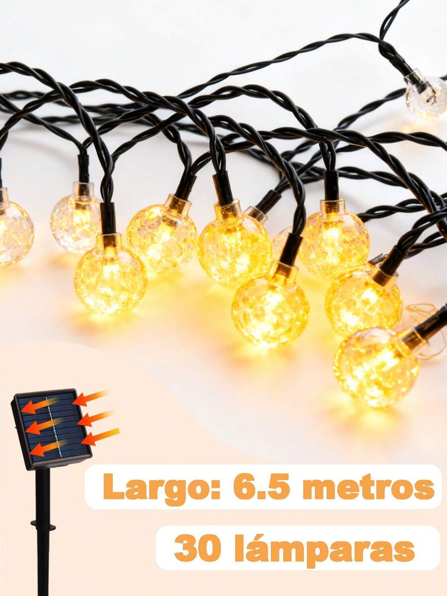 Luces de cadena solares de 6.5 metros 30 luces hadas bola de cristal LED 2 modos iluminación jardín IP65 tira exterior navidad Christmas navideño luces led solares decorativas exterior bombillas resistente agua para fiestas cumpleaños camping decoración jardín terraza luz solar eficiente ambiente navideño - 6,5 m-30 luces - Ver 1
