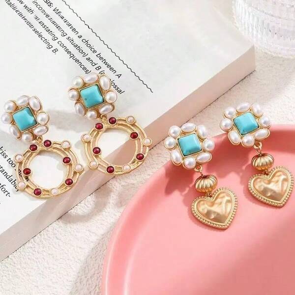 European And American Fashion Vintage Earrings Cross-Border Fashion Design Popular Turquoise Matte Gold Heart Colored Shell Light Luxury Earrings