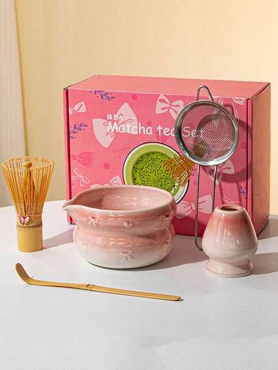 5pcs Heart & Bow Matcha Set, Middle Eastern Style Matcha Starter Kit Including Ceramic Matcha Bowl, Matcha Whisk, Matcha Sifter, Matcha Scoop, Handmade Natural Bamboo, Matcha Preparation Set, Dessert & Beverage Making Tools Set, Japanese Gift Box Tea Set, Song Dynasty Matcha Whisk Tool Set, Gift For Boyfriend, Girlfriend, Family, Friends, Coworkers