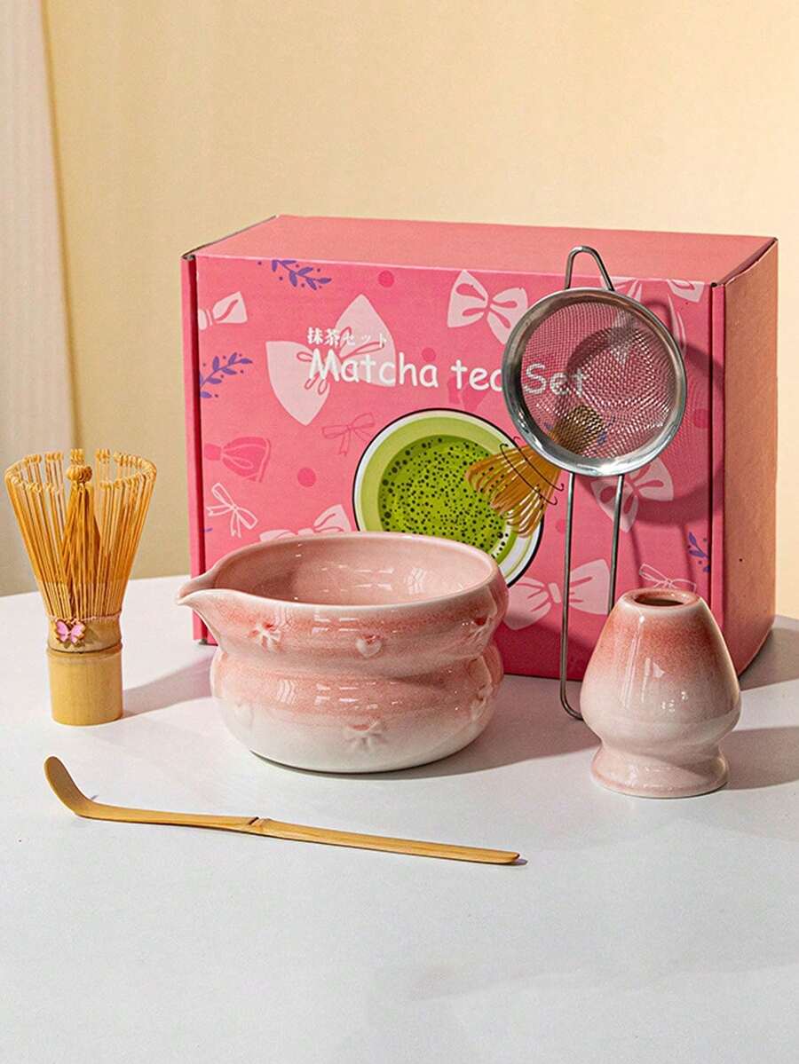 5pcs Heart & Bow Matcha Set, Middle Eastern Style Matcha Starter Kit Including Ceramic Matcha Bowl, Matcha Whisk, Matcha Sifter, Matcha Scoop, Handmade Natural Bamboo, Matcha Preparation Set, Dessert & Beverage Making Tools Set, Japanese Gift Box Tea Set, Song Dynasty Matcha Whisk Tool Set, Gift For Boyfriend, Girlfriend, Family, Friends, Coworkers