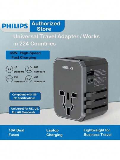 PHILIPS SPS1003A/93 GaN Global Adapter Power Strip With PD45W Type-C Fast Charging, UK & EU Standard Compatible, Portable For Travel