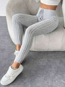 3 Stück Damen Lässig einfarbige gerippte verdrehte Hose mit elastischem Bund