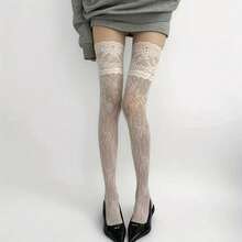 1 Pair Of Elegant Gothic Lace Over-The-Knee (OTK) Fishing Net Socks For Ladies - Transparent Pantyhose With Ruffles And Striped Patterns, Comfortable Support Design, Suitable For Casual, Party And Daily Wear - Sexy Statement Leg Accessories With Lace Details, Hand Wash Or Dry Clean, Spring And Summer Season Multi-Functional For Home, Outdoor And Party Use (Black/White) - Suitable For Theme Events And Daily Use, Sexy Stockings For Women - trắng - Xem 6