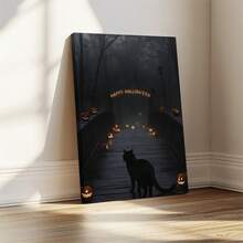 2D Flat Printing, 1pc, A Black Cat Standing On A Wooden Bridge Surrounded By Glowing Jack-O-Lanterns With HAPPY HALLOWEEN Text Above Dark Trees And Mist Creating A Classic Spooky Halloween Atmosphere, Canvas Wall Art For Living Room, Bathroom Wall Art Bedroom Framed Wall Art Poster Art Prints Ready To Hang Pictures Home Decorations Wall Decor For Office - Multicolor - View 1