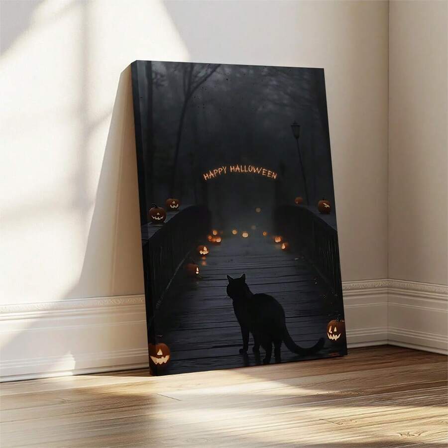 2D Flat Printing, 1pc, A Black Cat Standing On A Wooden Bridge Surrounded By Glowing Jack-O-Lanterns With HAPPY HALLOWEEN Text Above Dark Trees And Mist Creating A Classic Spooky Halloween Atmosphere, Canvas Wall Art For Living Room, Bathroom Wall Art Bedroom Framed Wall Art Poster Art Prints Ready To Hang Pictures Home Decorations Wall Decor For Office - Multicolor - View 1