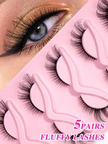 ENCHUW 5 Pairs Cat Eye Lashes Faux Mink Eyelashes 3D Curl Winged Natural Realistic Messy End Eye Elongated Manga False Eyelashes Soft Black Band Fake Lashes - Black - View 1