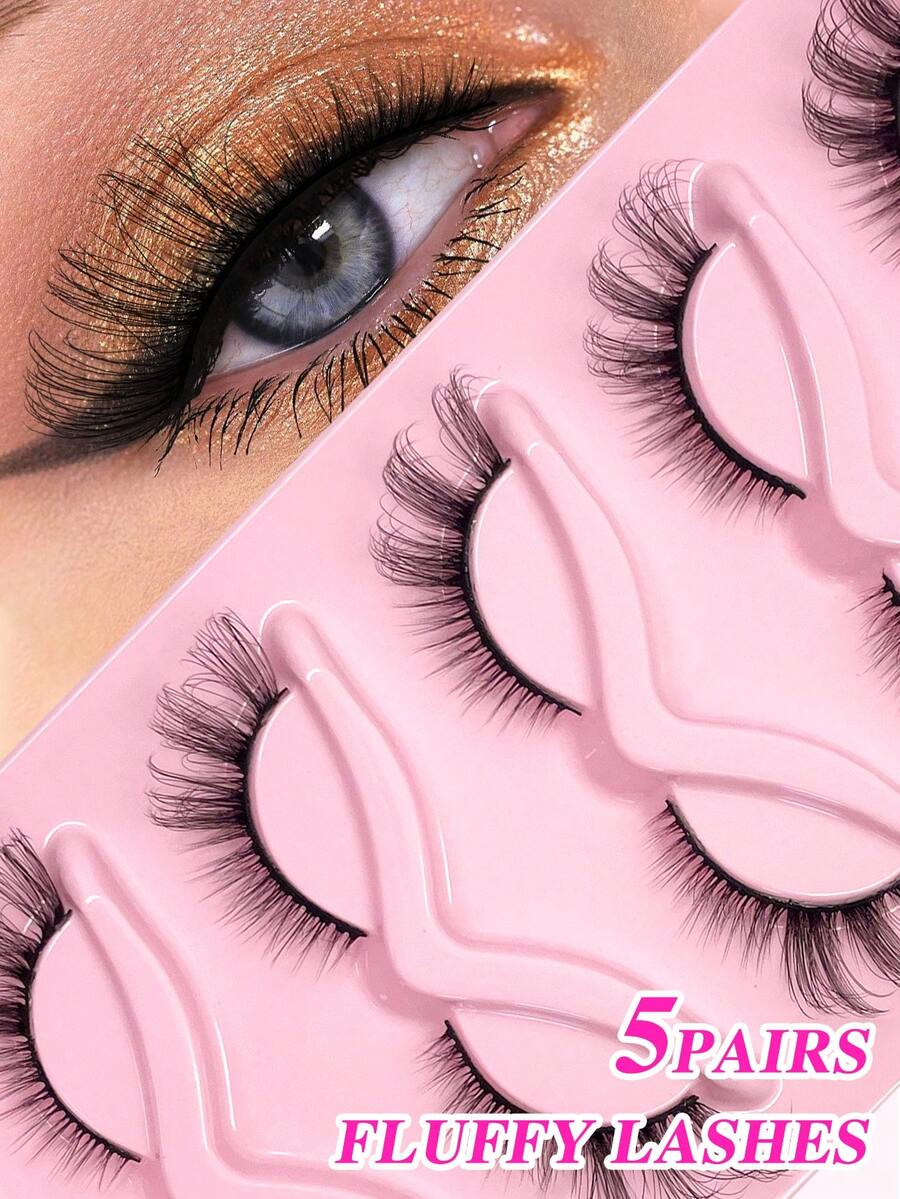 ENCHUW 5 Pairs Cat Eye Lashes Faux Mink Eyelashes 3D Curl Winged Natural Realistic Messy End Eye Elongated Manga False Eyelashes Soft Black Band Fake Lashes - Black - View 1