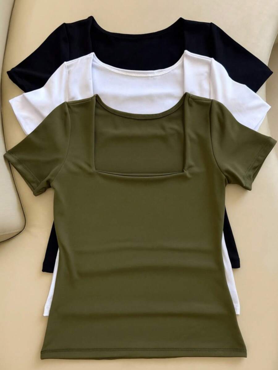 Set Of 3 Basic Blouses In Spandex With Square Neckline And Short Sleeves (Lined) - 軍綠色/白色/黑色 - 查看 1