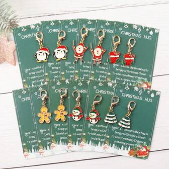 12 Christmas Themed Keychains, With Designs Of Santa Claus, Snowman, Gingerbread Man, Bells, Reindeer, Etc., With Christmas Greeting Card Blessings. This Is A Small Christmas Gift, Suitable As A Holiday Gift For Relatives And Friends