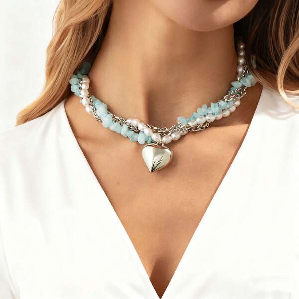 [2 Colors Available] European & American Cross-Border Ocean Style Blue Stone Sweet Heart Pendant Necklace, Designed For 10 Occasions, Faux Pearl Necklace Accessory For Valentine's Day