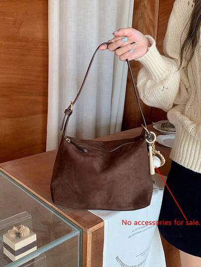 1个手提包/单肩包/斜挎包，纯色PU绒面料，容量大，柔软舒适，时尚复古百搭，适合购物、校园、约会、送礼、圣诞礼物、秋冬季节，2025秋冬新款韩版复古绒面简约腋下肩带包，通勤绒面斜挎包（不含配件）