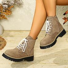 Fall/Winter Retro Suede Boots For Women, Lace-Up Thick Sole Ankle Boots, European And American Fashion Street Style - Khaki - View 2
