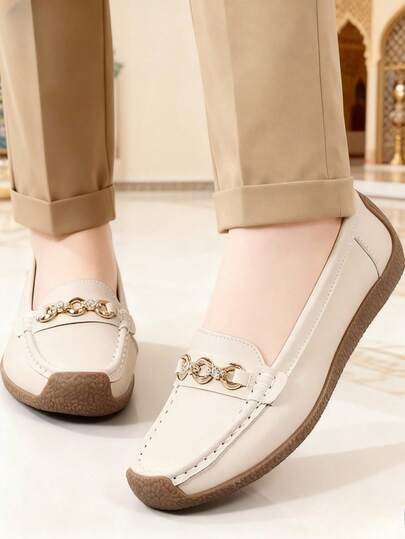 2025 Autumn Women Rhinestone & Chain Decor Slip-On Flats, Elegant Outdoor Flat Loafers