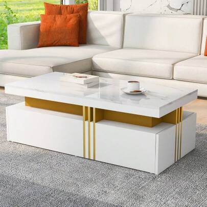 Modern Rectangular Coffee Table With High-Gloss Top, 2 Wooden Drawers, Marbled Tabletop, For Living Room, 100*50*40 Cm