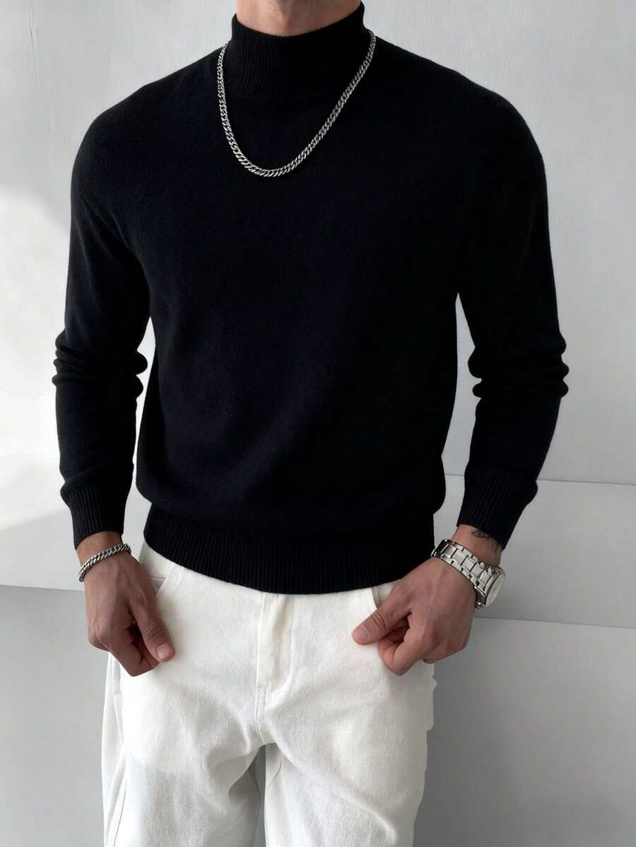 Áo len cổ cao tay raglan nam, áo dệt kim đa năng mặc hàng ngày. - màu đen - Xem 1
