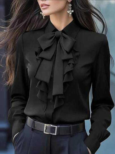 Women's Elegant Ruffle Bow Detail Long Sleeve Shirt - Solid Color, Long Sleeve, Front Button Design, Suitable For Commuting And Casual Wear, Casual Shirt | Elegant Blouse | Ruffle Bow Detail