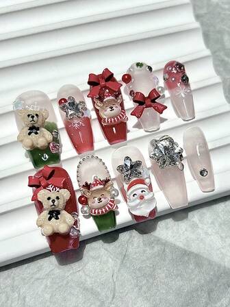10PCS Cartoon Cute Bear Bow Elk Nail Art Christmas Elements Handmade Wear Nail Red Festive New Year False Nails Removable Nail Patches Nail Supplies(1 Sheets Jelly Stickers+1PC Nail File)