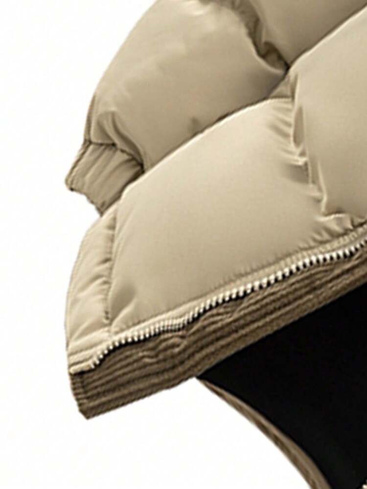 Casaco Acolchoado com Capuz para Esportes ao Ar Livre e Uso Casual, Bloco de Cores, Grosso e Quente, para Outono/Inverno Masculino - Caqui - Visão 3