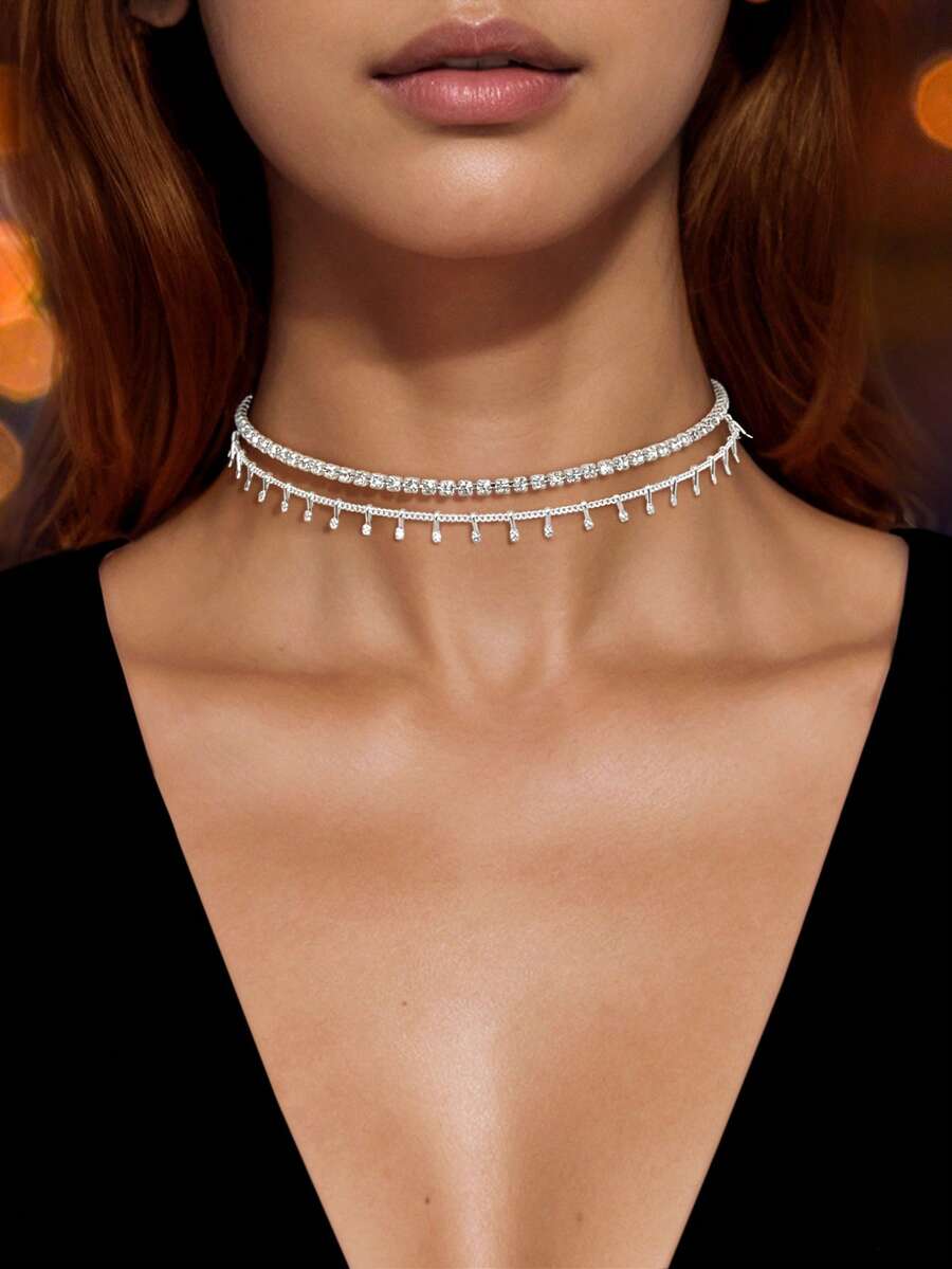 1 pièce Collier chaîne argentée élégant à double couche, convient pour les fêtes et les occasions sociales - Argent - Voir 1