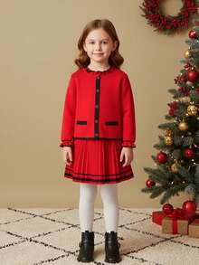 BOARNSEORL 2 件套年轻女孩针织开衫上衣和百褶裙套装，红色，优雅，适合圣诞派对、婚礼、典礼 - 紅色 - 查看 1