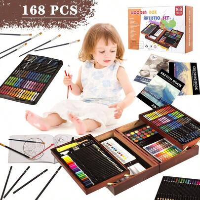 Art Supplies, 168 Pack Deluxe Wooden Art Set Crafts Drawing Painting Coloring Kit With 3 Sketch Pads Creative Gif...