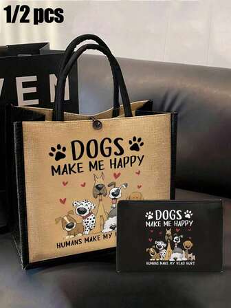 Yellow Linen Handbag With Cute Cartoon Dog Pattern, Yellow Linen Shopping Bag With A Cosmetic Storage Bag Christmas Gift, Women's Linen Large Capacity Handbag.Easily Carry Your Laptop, Cellphone, Binder