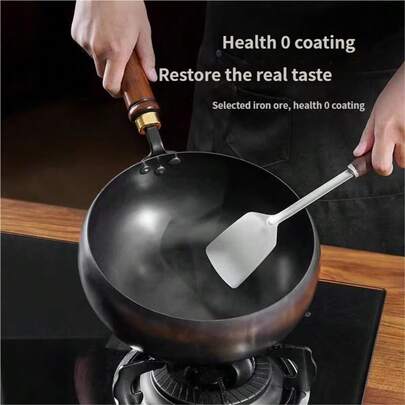 Premium Iron Wok, Extreme Non-Stick Iron Pot, Flat Bottom Wide Belly Small Iron Pot, Camping Pot, Suitable For Induction Cooktop And Gas Stove, Multi-Function Non-Stick Cookware For Frying, Sautéing, Deep Frying, Boiling, Stewing. Random Style Delivery.