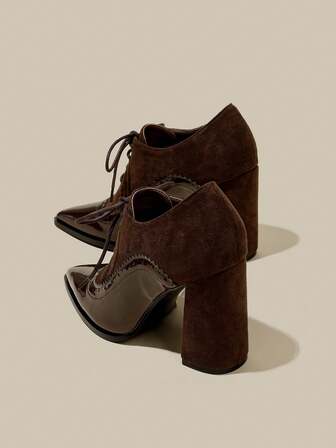 Women's 2025 Spring New Pointed Toe Lace-Up Chunky Heel High Heels, Elegant Minimalist Fashion Shoes, Black Lace-Up Brogue Oxford High Heels