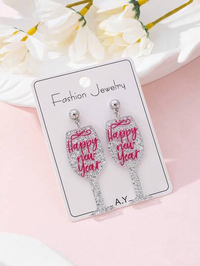1 par de pendientes de joyería de moda con diseño de copa de vino "Feliz Año Nuevo" con destellos, regalo perfecto para fiestas navideñas