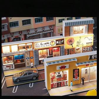 1:64比例收藏级微缩场景模型，包含烧烤店/居酒屋/猫咖/拉面店模型、玩具车停车场、收纳展示盒，非常适合作为万圣节、圣诞节、生日礼物。