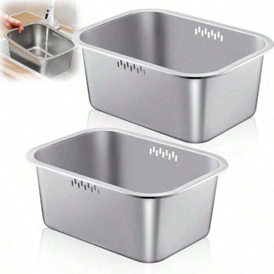 2 Pack 2.6 Gallons Stainless Steel Basin Large Washing Up Bowl Basket Portable Metal Multipurpose Dishpan Dish Tub For Vegetable Washing Kitchen Sink Durable And Spacious Design Ideal For Kitchen Use Outdoor Cleaning And Food Preparation - 如圖 - 查看 1