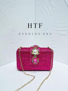 1pc Rose Red Shiny Luxury Hot Diamond Rhinestone Decorative Clutch Bag, Women's Fashion Temperament Elegant Dinner Bag Glitter Bling-Bling Rhinestone Shoulder Bags Crossbody Bag Purses Handbags Crystals Rhinestone Evening With Chain Bags