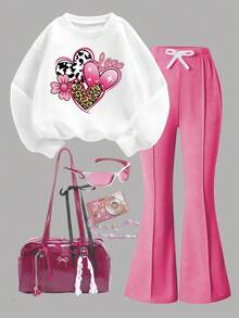 Tween Girls' Heart Print Crew Neck Sweatshirt And Flare Pants Casual Outfit - Hot Pink - View 2