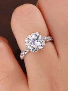1pc S925 Sterling Silver Square Cubic Zirconia Engagement Ring, Suitable For Dating, Party, Wedding Proposal, Gift For Girlfriend, Best Friend, High-Quality Jewelry For Women - Silver - View 3