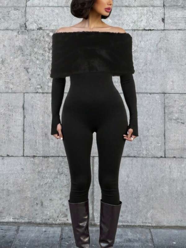 DOUCIU Fashionable Fleece Patchwork Off Shoulder Sexy Slim Jumpsuit