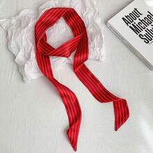 Silk Scarf Long Red Striped Fashion Neck Warmer Scarf Headscarf Bow Hairband Braided Hair Tie Bag Ribbon Waist Belt - 紅色豎絲巾 - 查看 9