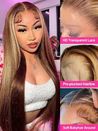 13x6/13x4 Rak Lace Front Peruk, 4/27 Honungsblond, Hög Densitet 200 % Densitet, Lace Front Peruk Med Förplockat Hårfäste, Ombre Gradient Lace Peruk, Äkta Hår, Färgad Lace Front Peruk För Kvinnor