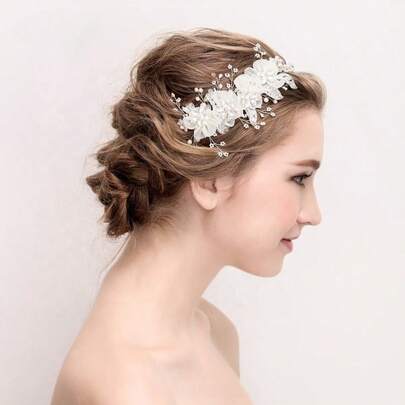 قطعة واحدة من الإكسسوار اليدوي للشعر من الشيفون الأبيض والخرز للعروس، تاج أميرة للرأس لحفل الزفاف