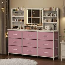 Vanity Desk With 9 Fabric Drawers & Lighted Mirror, Makeup Vanity Table With 8 Storage Shelves, Dressing Table For Bedroom, 3 Lighting Modes Lighted Mirror - Hồng - Xem 7