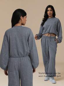 Sodalemon Women Casual Athletic 2 Pcs Set Drawstring Waist Yoga Outdoor Fitness Long Sleeve Sweatshirt Pockets Loose Training Running Jogging Pants Gym Sport Set