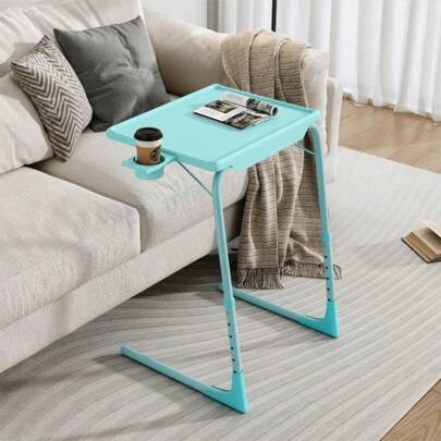Portable Folding Snack Table With Adjustable Tray And Removable Cup Holder Turquoise