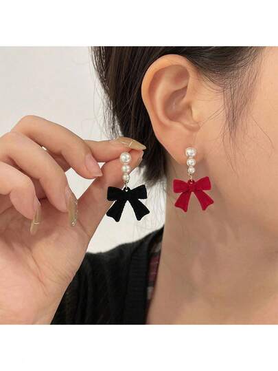1件韩版简约红黑蝴蝶结珍珠绒面革优雅高端设计耳环，情人节礼物，新年礼物，送女朋友的礼物