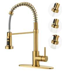 Senlesen Grifo de acero inoxidable para fregadero de cocina , oro cepillado/níquel cepillado, con placa cubierta redonda de 8 inch , giro de 360°, diseño de arco alto (apto para fregaderos de un solo orificio/tres orificios), grifo mezclador para fregadero de agua fría/caliente monomando, apto para cocinas, comedores, hoteles, autocaravanas, lavaderos, bares. Cosas para el hogar,Cocina accesorios,Regalos de Navidad - Oro cepillado - Ver 11